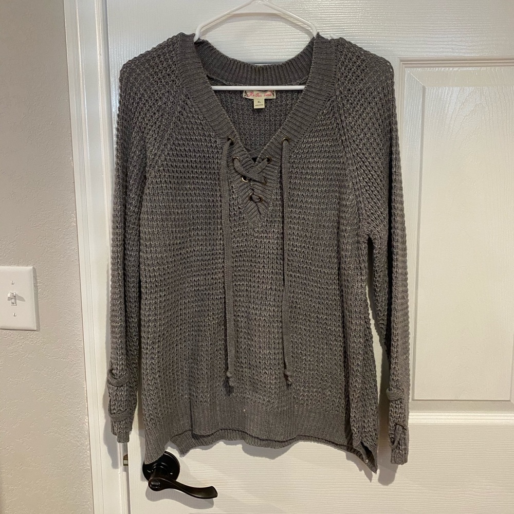 Grey Lace Up Sweater